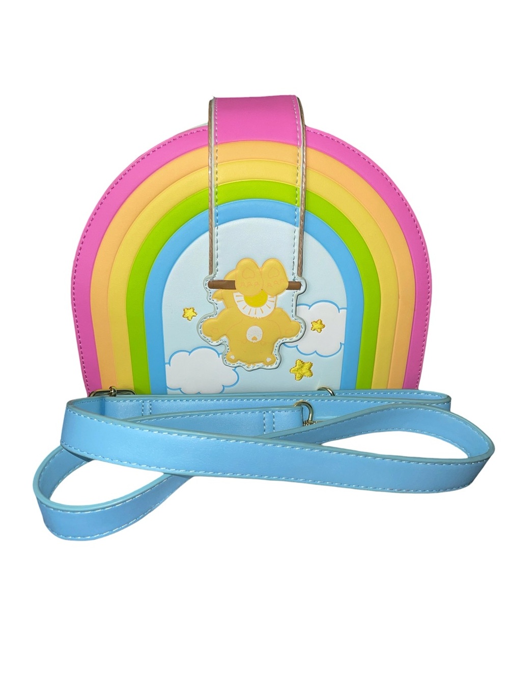 LOUNGEFLY CARE BEARS FUNSHINE BEAR RAINBOW SWING CROSSBODY BAG